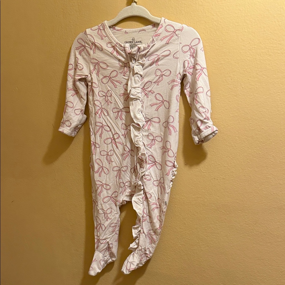 Caden Lane Cream Footed One-Piece with Pink Bow Ruffle